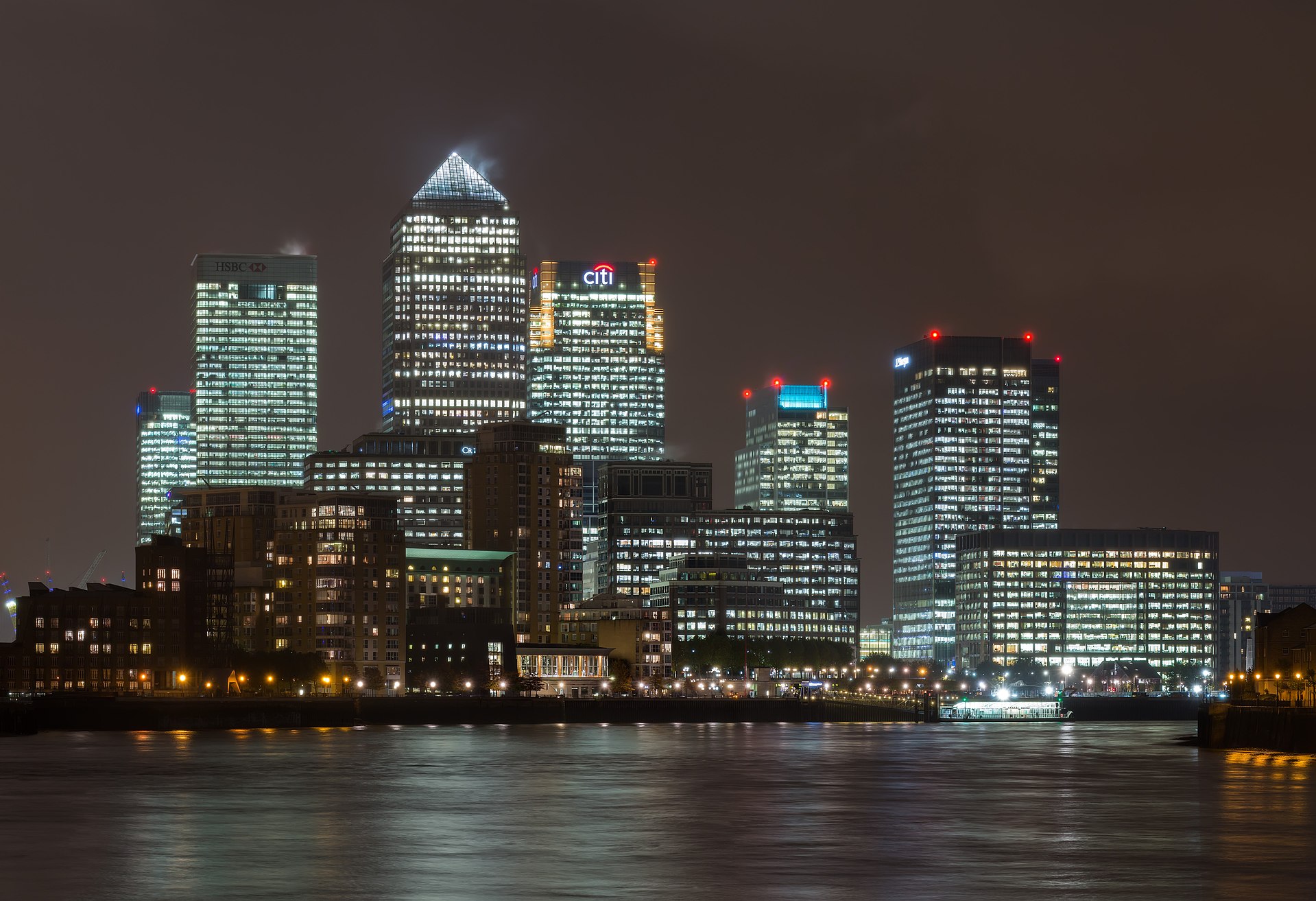 Canary Wharf in London, seen from Wapping on 29 October 2012.