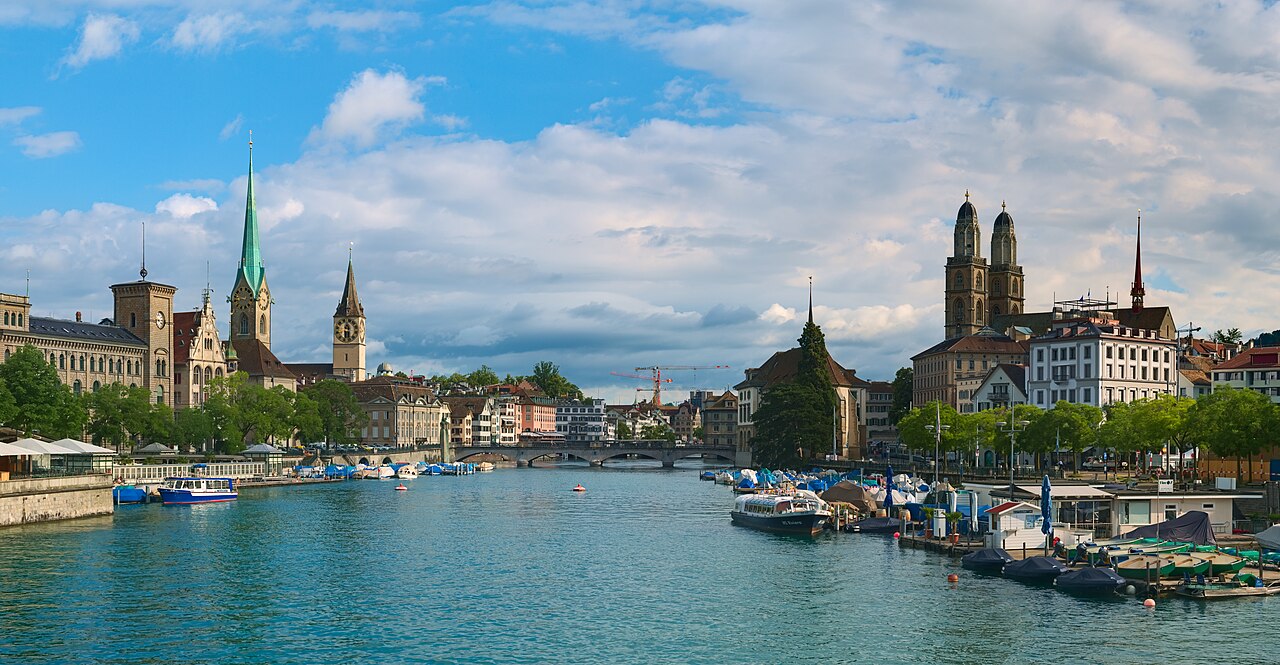 Zurich from the Quaibrücke, looking along the Limmat, 2 July 2020.