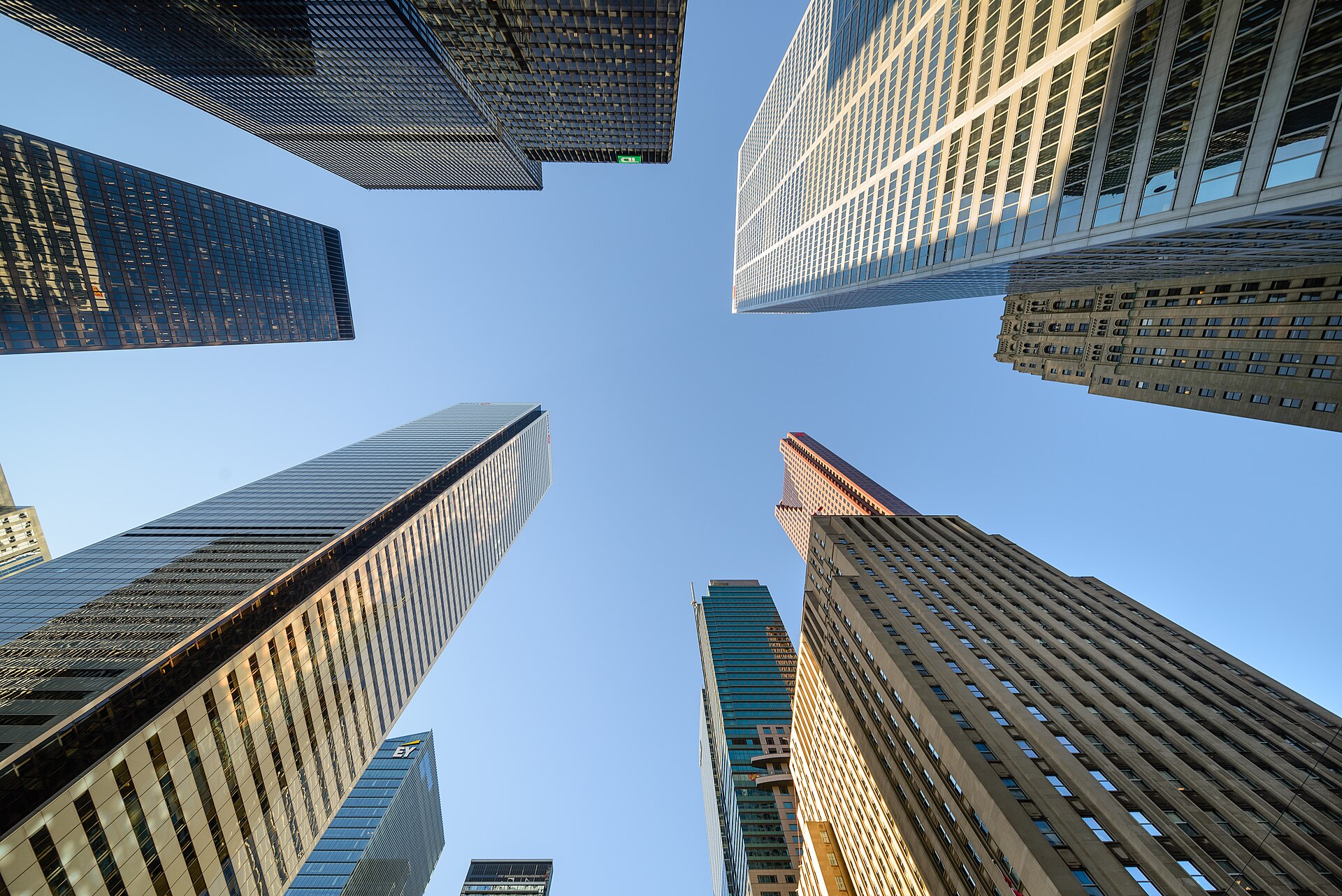 Towers in the Toronto financial district, photographed looking up on 5 August 2017.