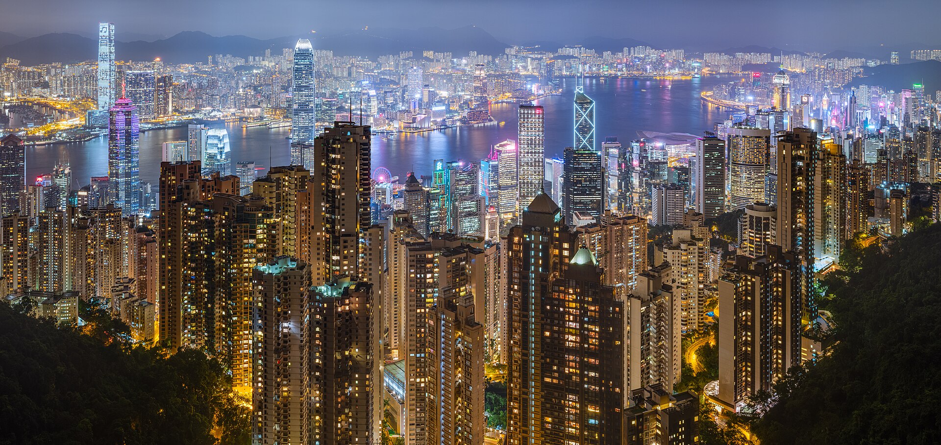 Victoria Harbour and the Hong Kong skyline at night, 11 June 2019.