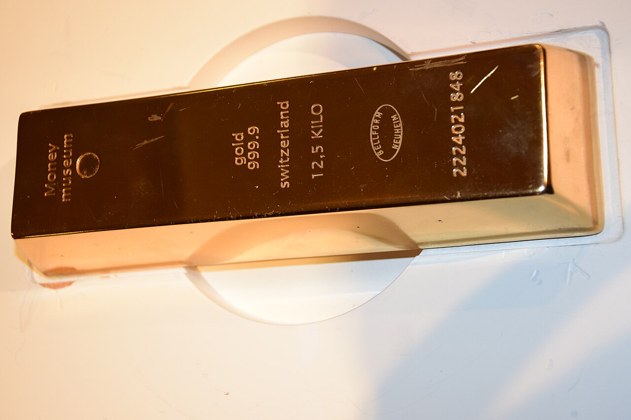 A gold bullion bar at the Swiss Money Museum, December 2015.