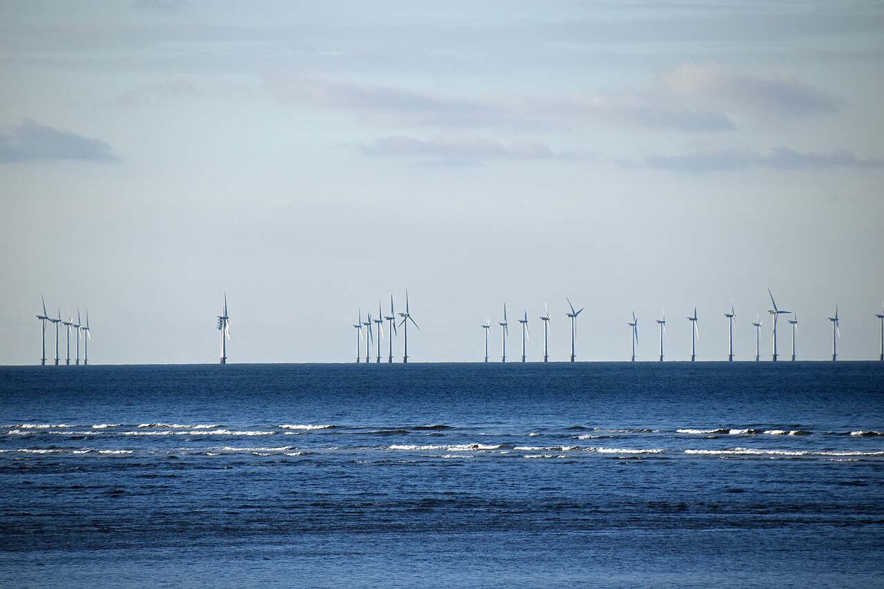 Rows of turbines at the Horns Rev 1 offshore wind farm in the Danish North Sea, December 2021.